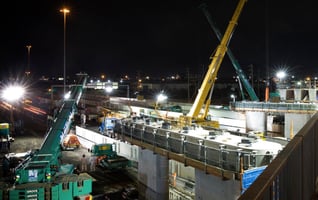 Construction project with cranes at night